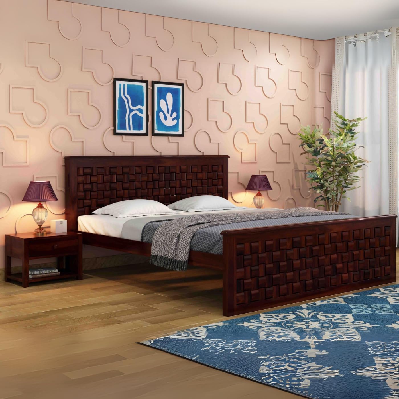 Niwar Solid Sheesham Wood Bed King Size Without Storage (78x72) Double Bed King Size Cot for Bedroom (Walnut Finish)