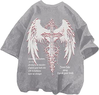 Vintage Goth Punk Shirts for Men Grunge Streetwear Oversized Tshirts Gothic Cross Y2k Graphic Tees Acid Wash T Shirt