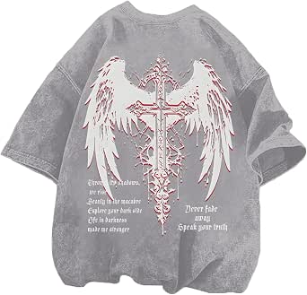 Vintage Goth Punk Shirts for Men - Oversized Y2K Graphic Tee with Acid Wash and Gothic Cross Design