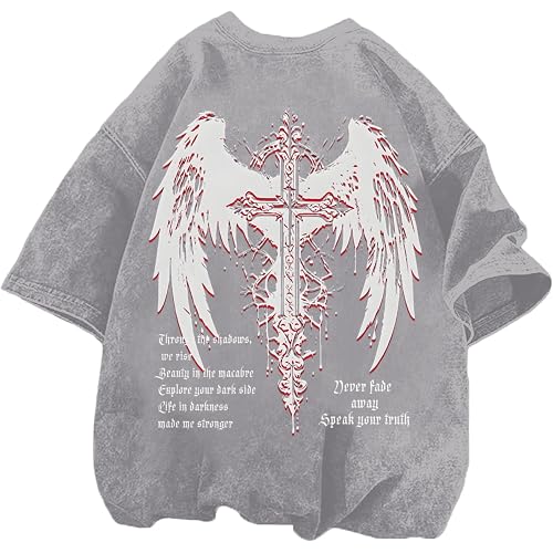 Vintage Goth Punk Shirts for Men Grunge Streetwear Oversized Tshirts Gothic Cross Y2k Graphic Tees Acid Wash T Shirt