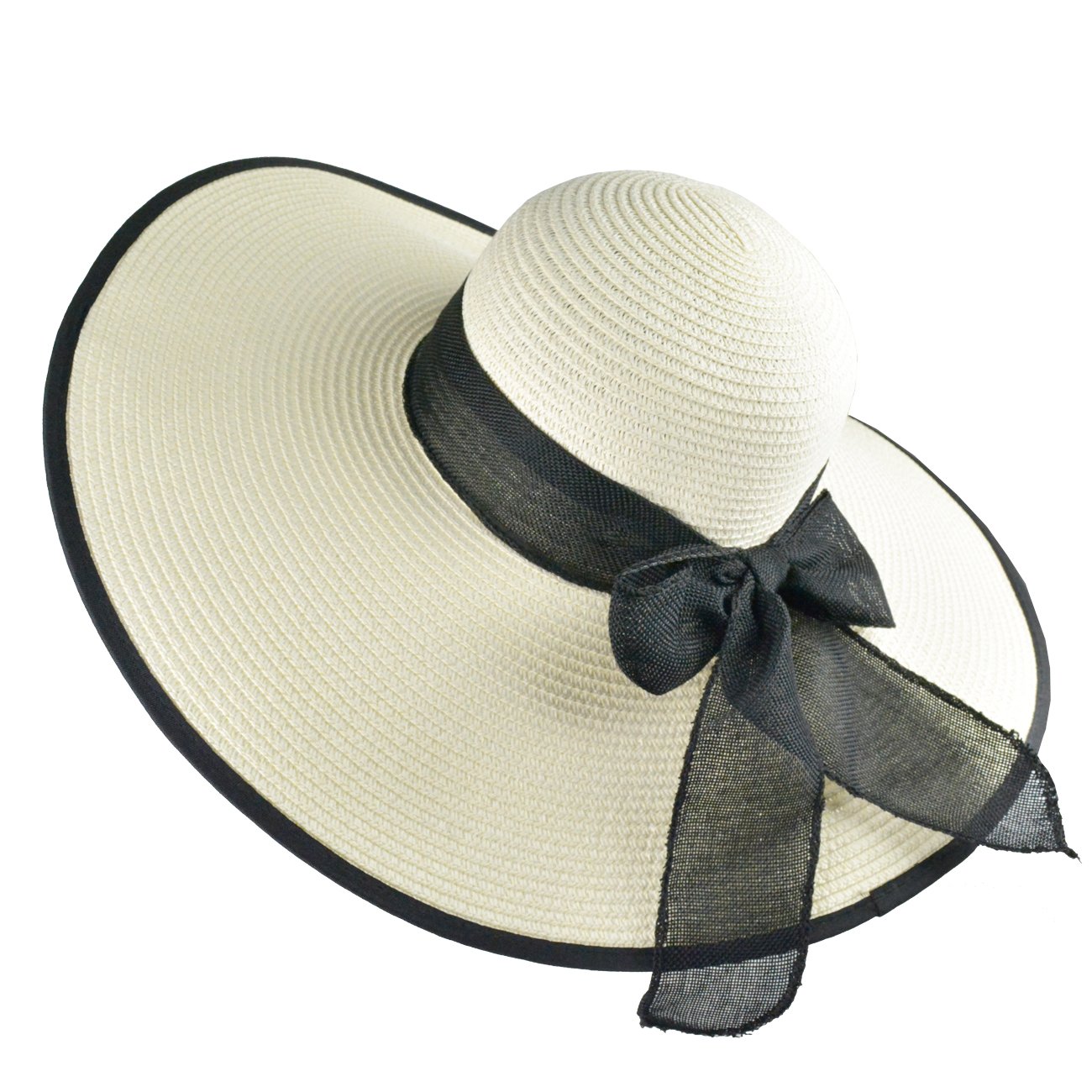 DRESHOW Womens Wide Brim Straw Hat Floppy Foldable Roll up Cap Beach Sun Hat UPF 50+