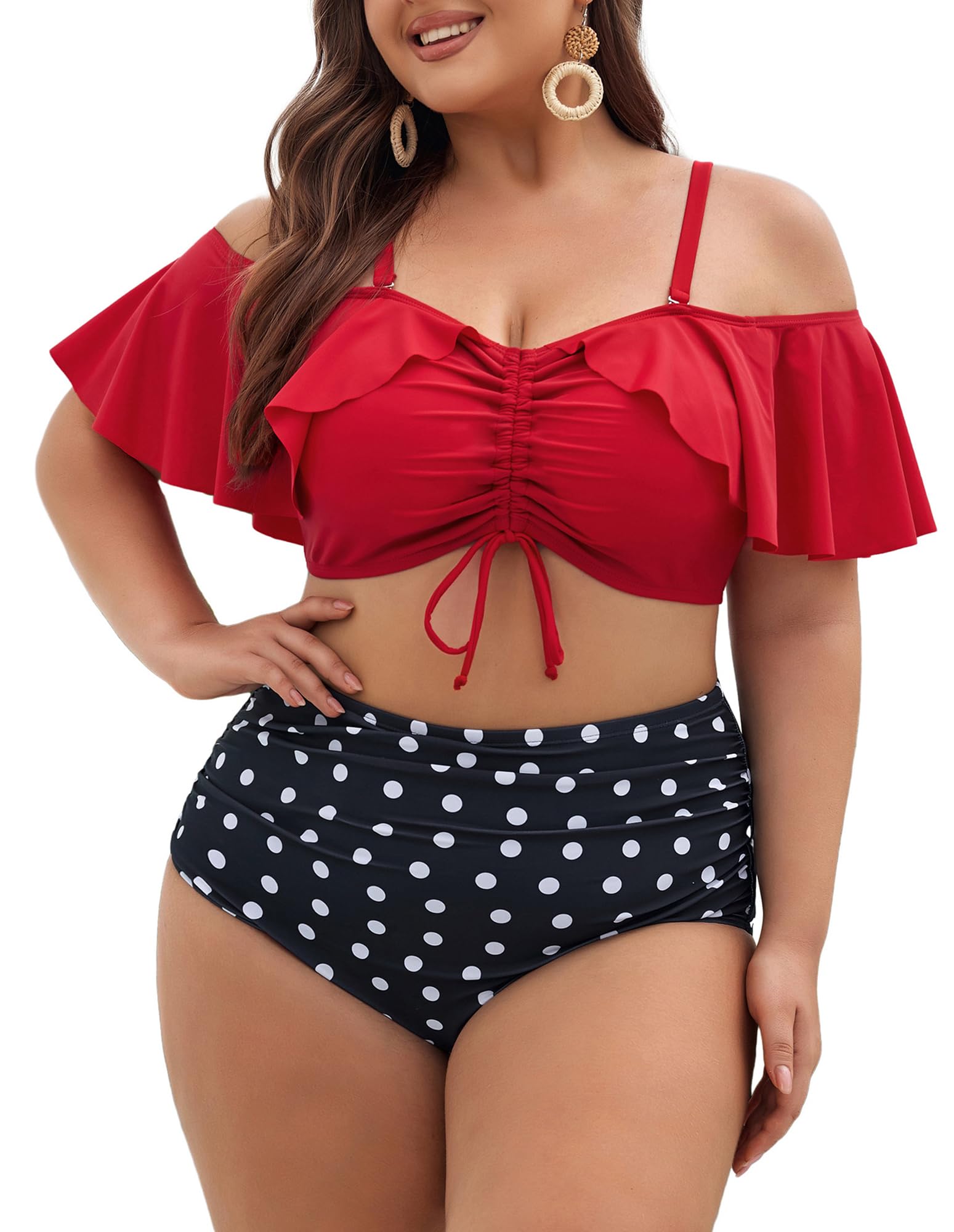 Hanna Nikole Plus-Size-Bikini Curvy Women Ruffle Drawstring Swimsuit 2 Piece Bathing Suit Ruched High Waisted Beach Vacation