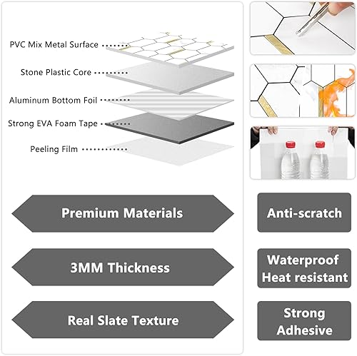 Vista 45 de Vamos Tile Azulejos hexagonales largos para despegar y pegar, 10 hojas para pegar en la pared del muro para la cocina y el baño, Calacatta dorado