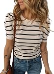 Dokotoo Women's Puff Short Sleeve Knit Tops 2026 Trendy Crewneck Striped T Shirts Casual Summer Blouses