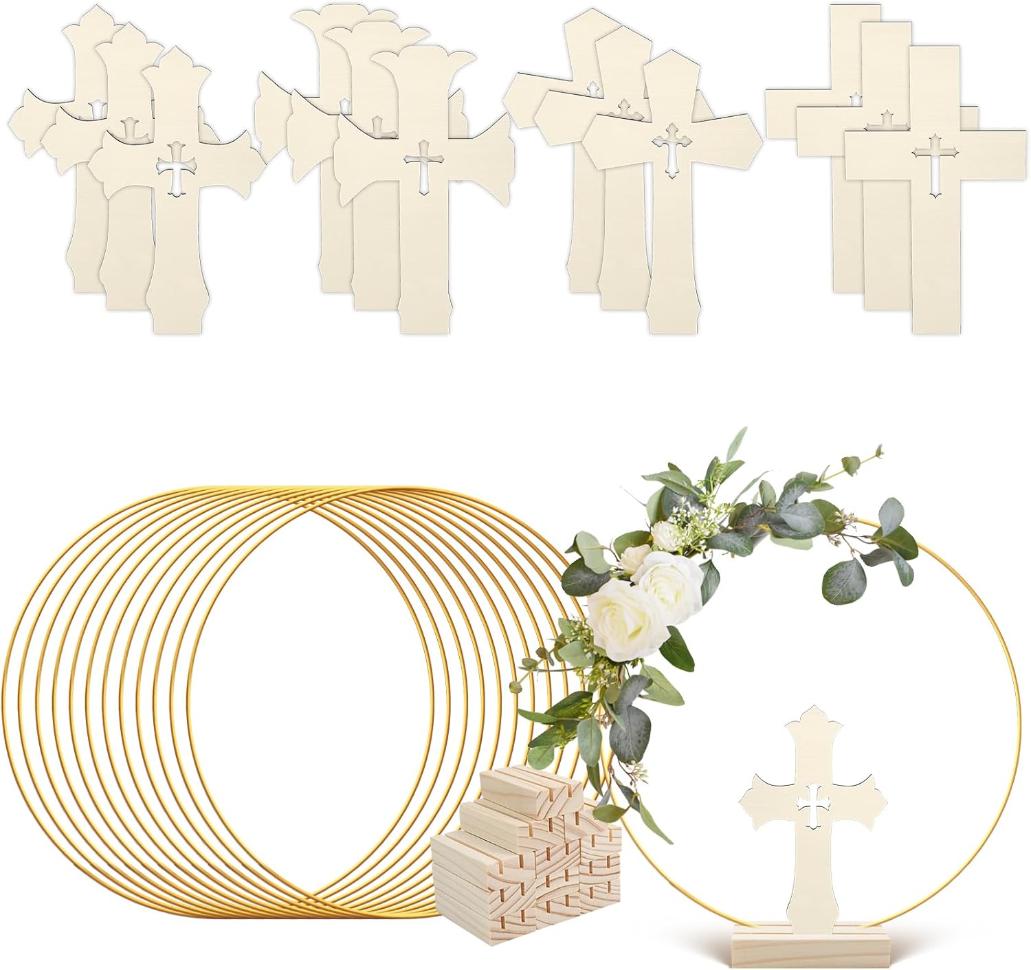 24 Pcs Baptism Centerpiece Decoration for Tables First Communion 12 Standing Wood Crosses for Craft 12 Metal Floral Hoop Centerpiece with Stand for Party Wedding Home Decor