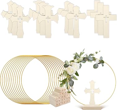 24 Pcs Baptism Centerpiece Decoration for Tables First Communion 12 Standing Wood Crosses for Craft 12 Metal Floral Hoop Centerpiece with Stand for Party Wedding Home Decor