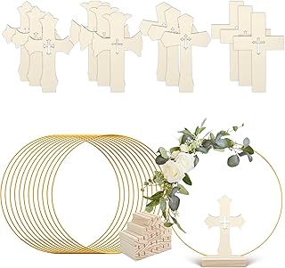 24 Pcs Baptism Centerpiece Decoration for Tables First Communion 12 Standing Wood Crosses for Craft 12 Metal Floral Hoop Centerpiece with Stand for Party Wedding Home Decor