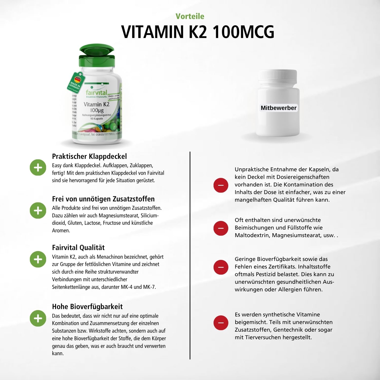 fairvital Vitamin K2 MK-7 100µg, 270 Kapseln (90x3), HOCHDOSIERT, Menaquinon MK-7, natürlich & fermentiert aus Natto, VEGAN