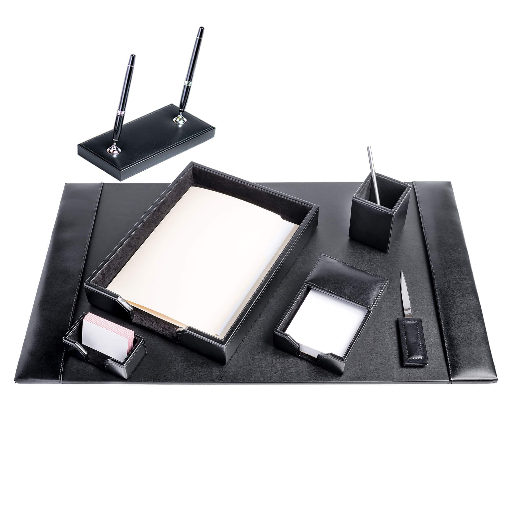 Dacasso Set da scrivania da 7 pezzi in pelle rigenerata nera (D1408)