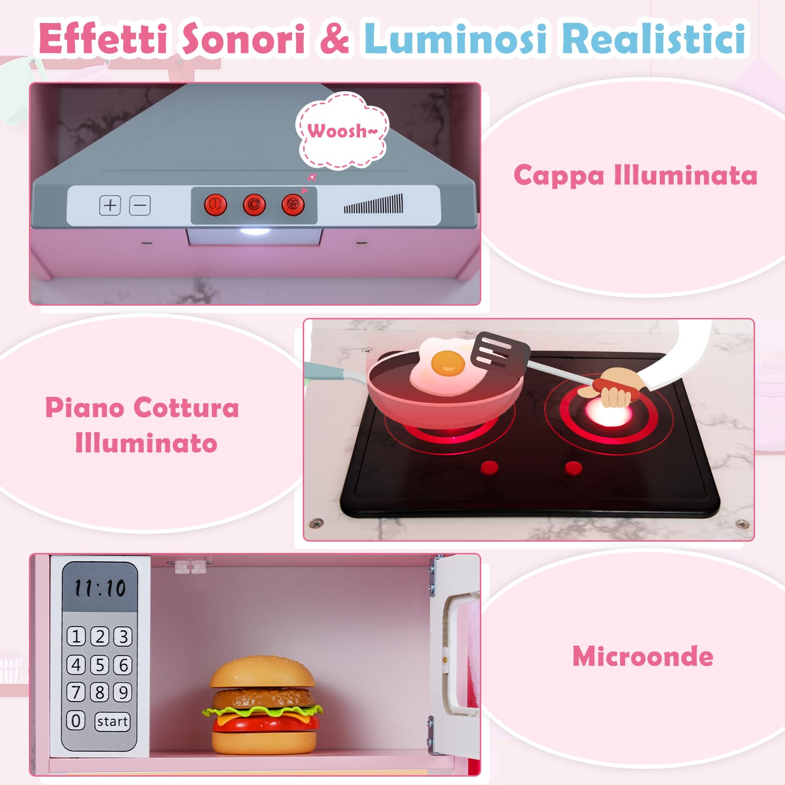 COSTWAY Cucina Giocattolo per Bambini, Set Cucina in Legno con Accessori, Luci e Suoni, Cappa, Fornelli, Microonde e Lavatrice, per Bambini 3+ Anni, 102 x 51 x 85 cm (Rosa)