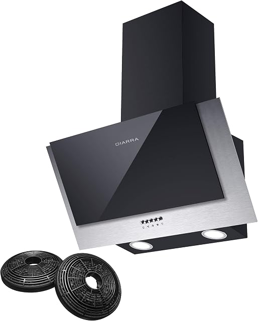 CIARRA CBCB6736C Angled Cooker Hood 60cm with CBCF002X2 Carbon Filters Recirculating & Ducting LED Lights Black Painting&Tempered Glass Wall Mounted Range Hood 600mm Kitchen Extractor Fan