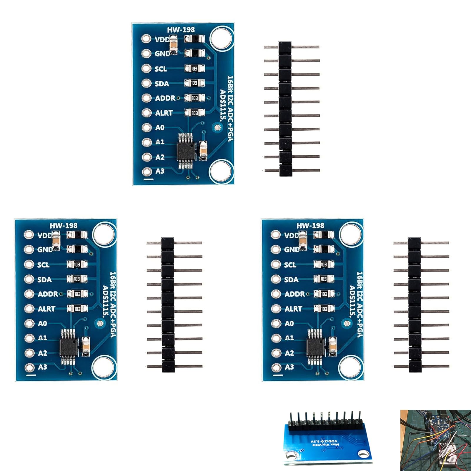 3 Pezzi Modulo ADC ADS1115 16 Bit a 4 Canali, Modulo ADS1115 per Raspberry Pi, Microcontrollori, Risoluzione 16 Bit, Interfaccia I2C, Conversione Analogica Digitale, 2,0V a 5,5V