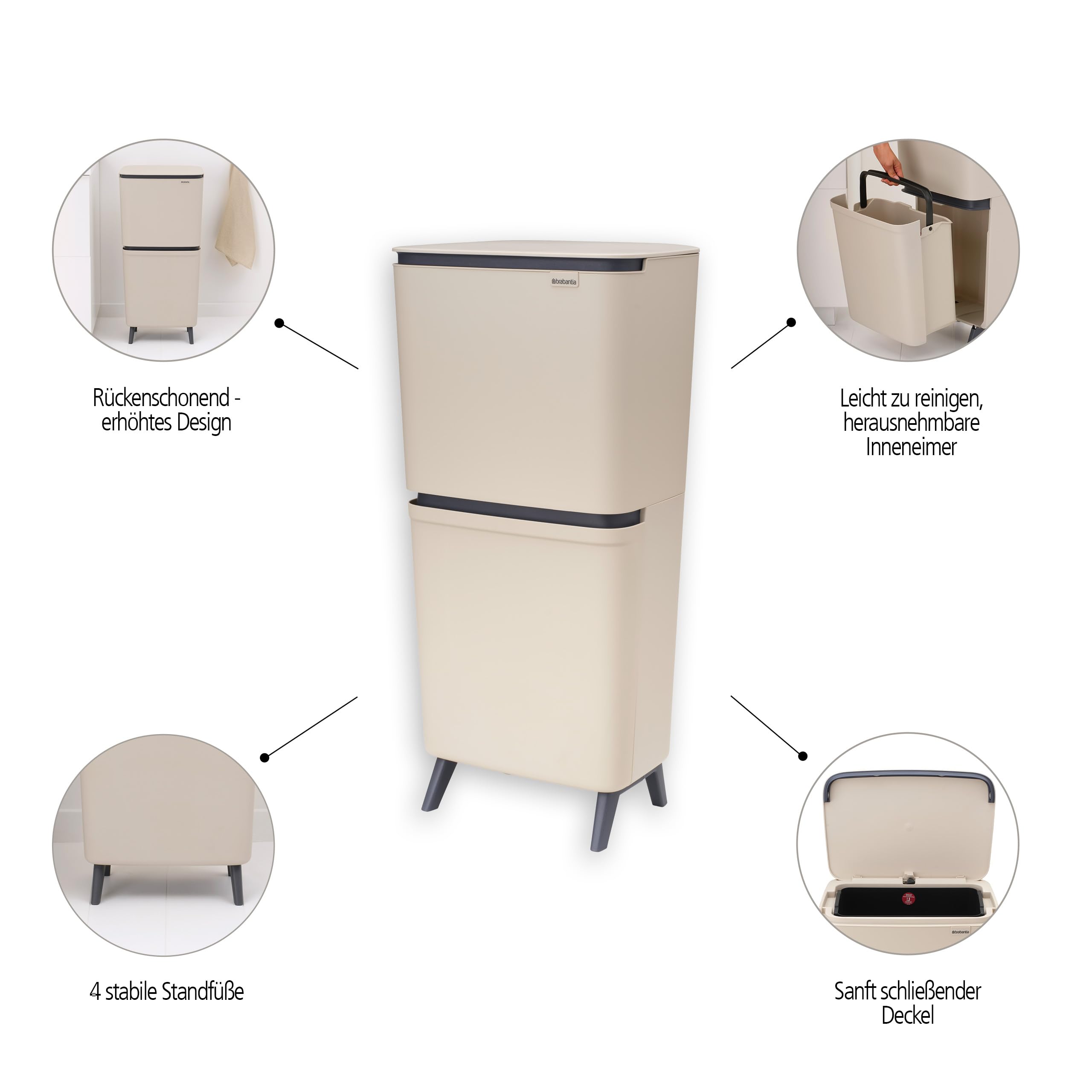 Brabantia SortUp Abfalleimer Hi 10+10+25 (Soft Beige), Mülleimer mit Deckel mit herausnehmbaren Behältern, schlankes Mülltrennsystem für die Küche mit sanft schließendem Deckel