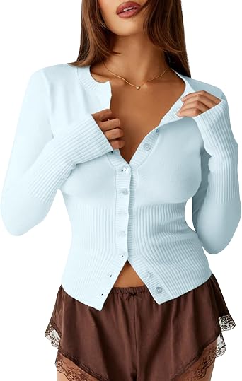 Womens Open Front Button Up Cropped Cardigan Ribbed Knit Long Sleeve Shirt Casual Solid Crop Top Cardigan Sweater