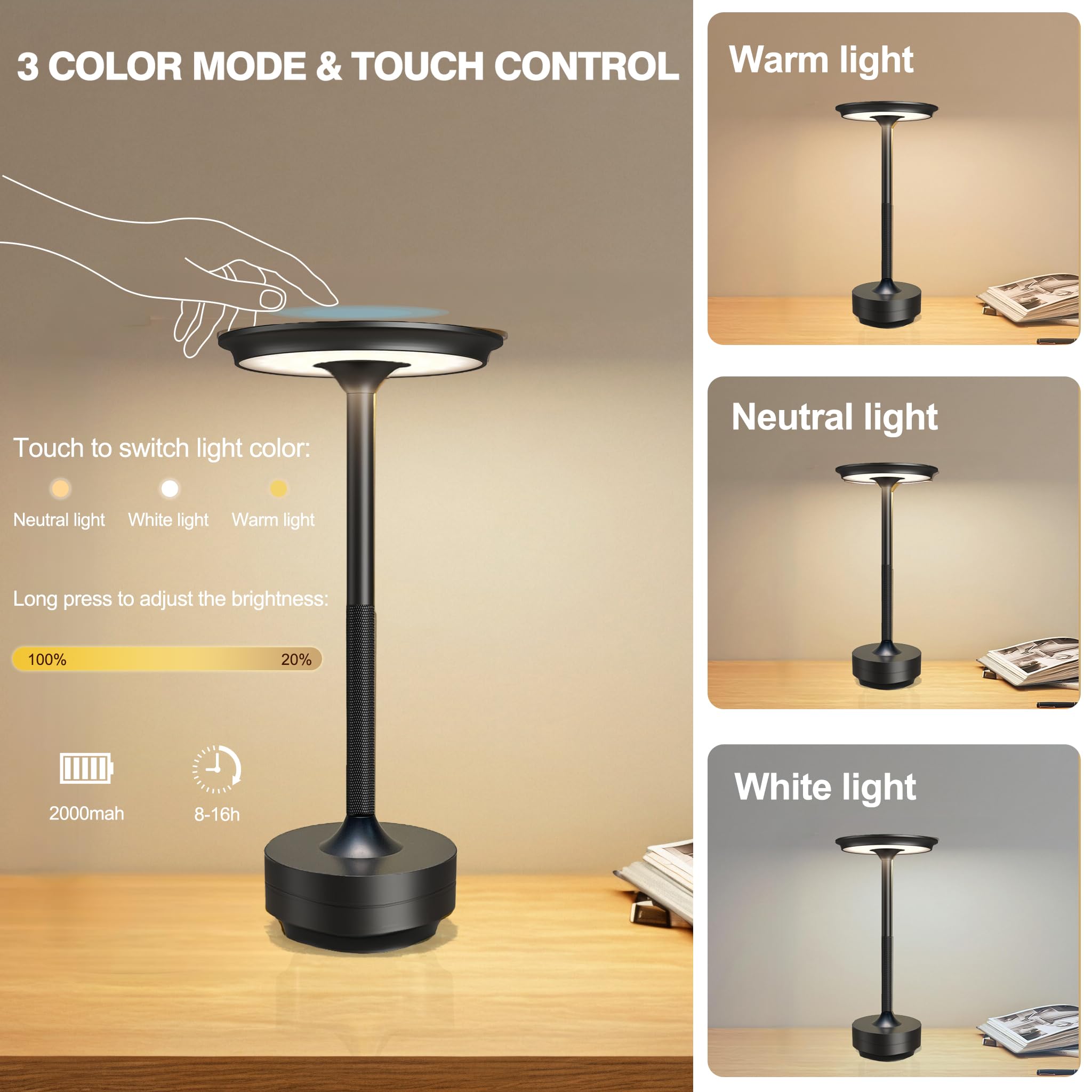 Ecolume Kabellose Tischlampe, LED, tragbar, batteriebetrieben, dimmbar, stufenlos, 3-farbige LED mit Memory-Funktion, tragbar für Heimbüro/Abendessen/Restaurant/Wohnzimmer (Schwarz & 2er-Pack)