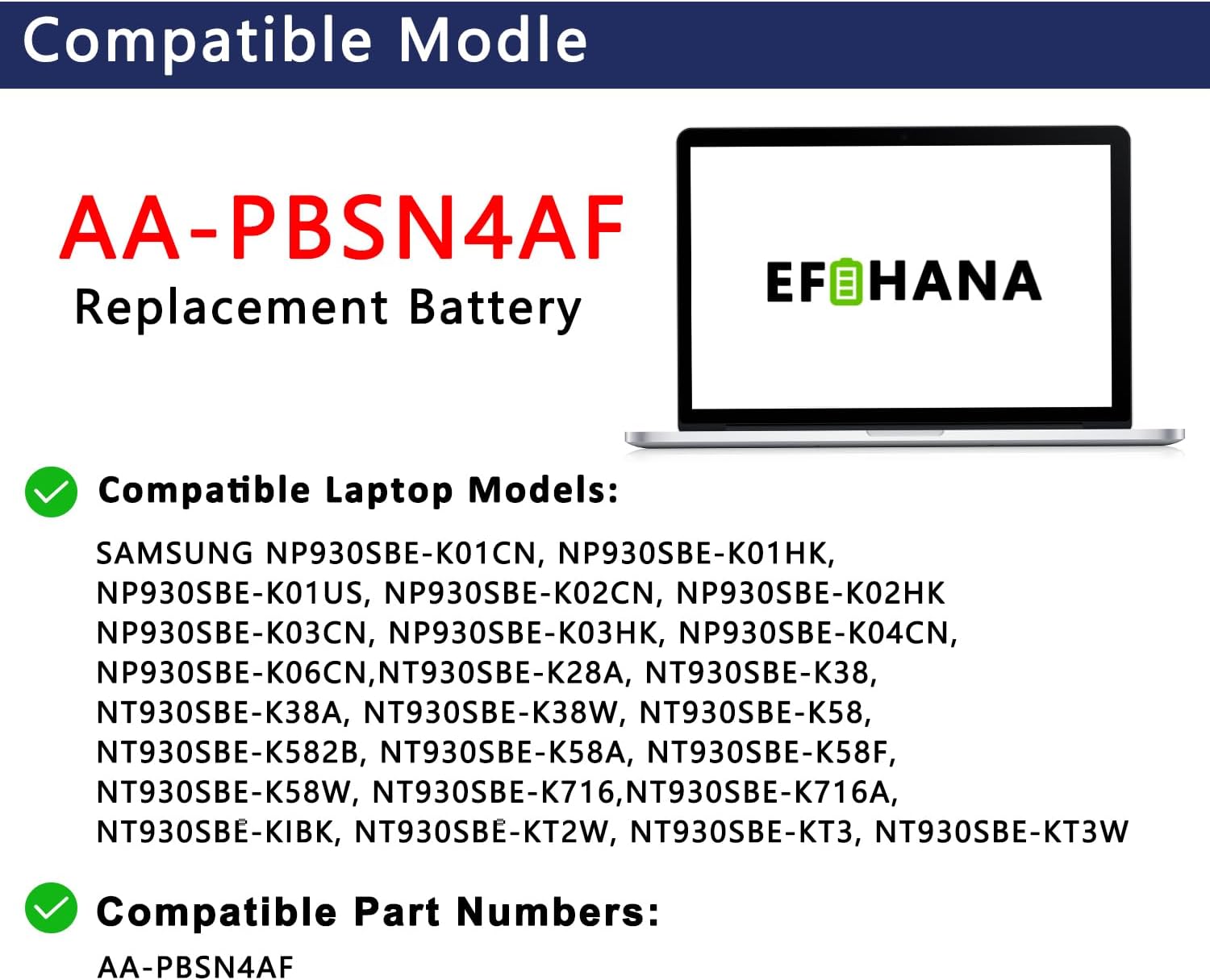 AA-PBSN4AF Laptop Battery Replacement for NP930SBE NP930SBE-K01CN NP930SBE-K01HK NT930SBE NT930SBE-K28A NT930SBE-K38 NT930SBE-K38A Series Notebook 15.4V 54Wh 3530mAh 4-Cells