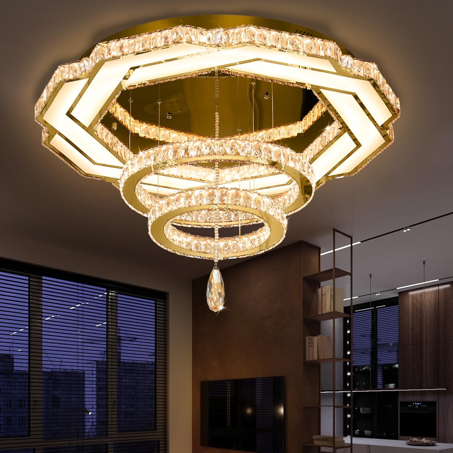 Flashing God Large Crystal Chandelier Dia 48" Gold Chandelier Flush Mount Ceiling Light for Bedroom Living Room Dining Room Hallway Dimmable 3 Rings LED Celing Lighting Fixtures