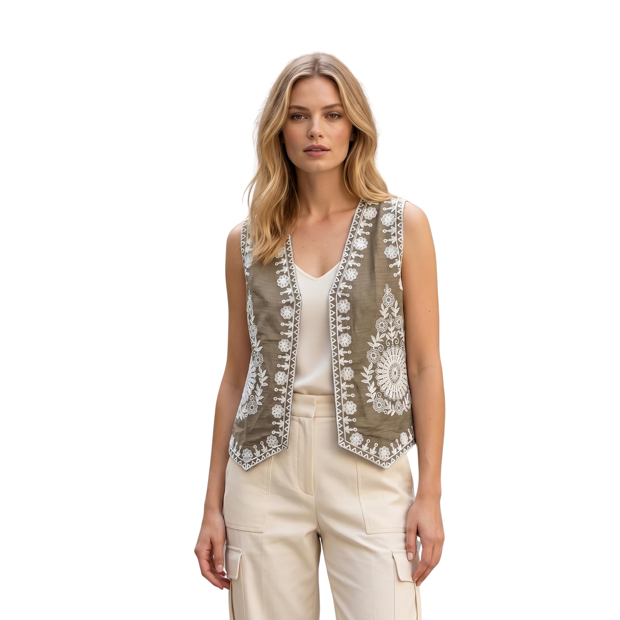 Women's Sleeveless V-Neck Embroidered Waistcoat, Floral Embroidery Front Open Vest Jacket, Ethnic Fusion Layering Top for Casual, Festive & Contemporary Styling-image-10