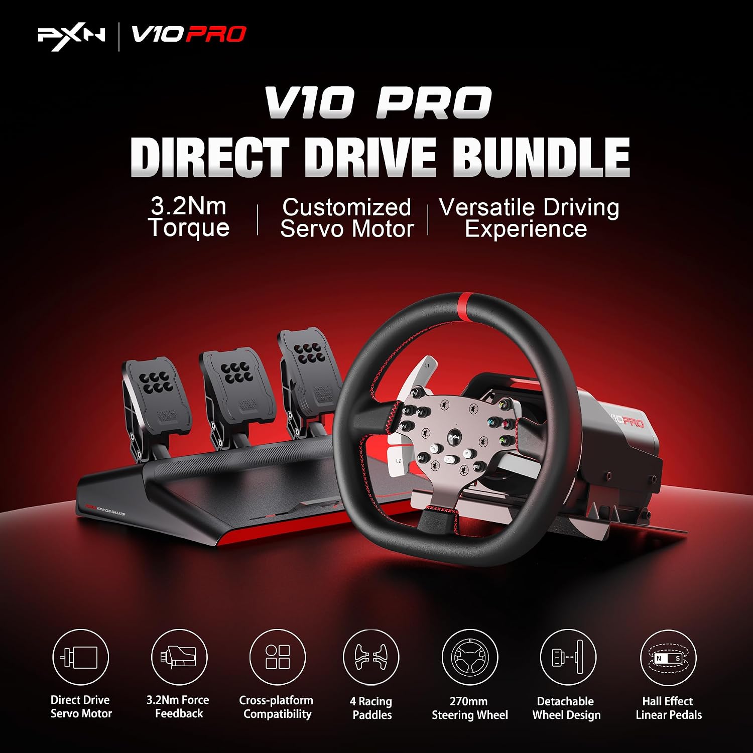 PXN V10 PRO Direct Drive Sim Racing Wheel, 3.2Nm Force Feedback image 2