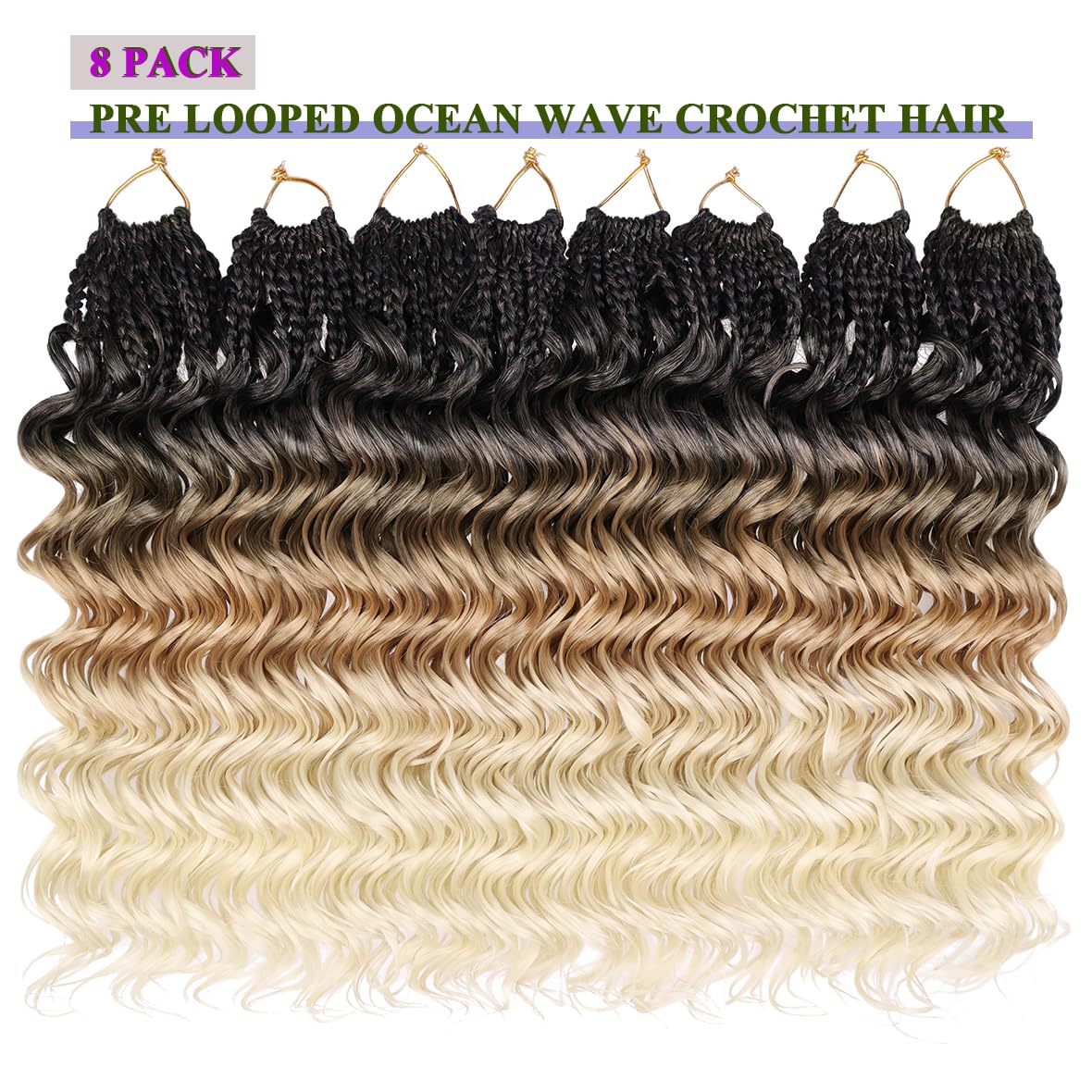 Kachanaa 14 Inch Pre Looped Ocean Wave Crochet Hair 8 Pack Curly Boho Ocean Braids Ombre Pre Twisted Synthetic Deep Wavy Twist Hair 1B27613# - Image 4