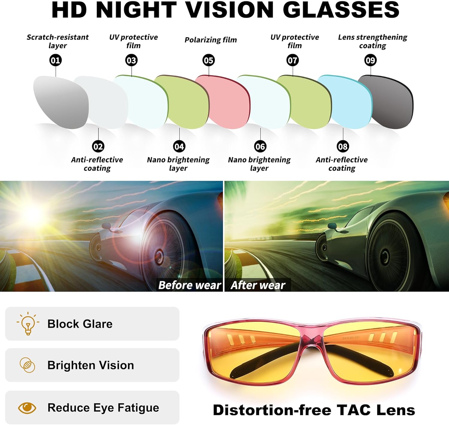 FEISEDY Night Driving Sunglasses Polarized Fit Over Sunglasses for Men, Yellow Lenses, Anti Glare Glasses B0225 - Image 6