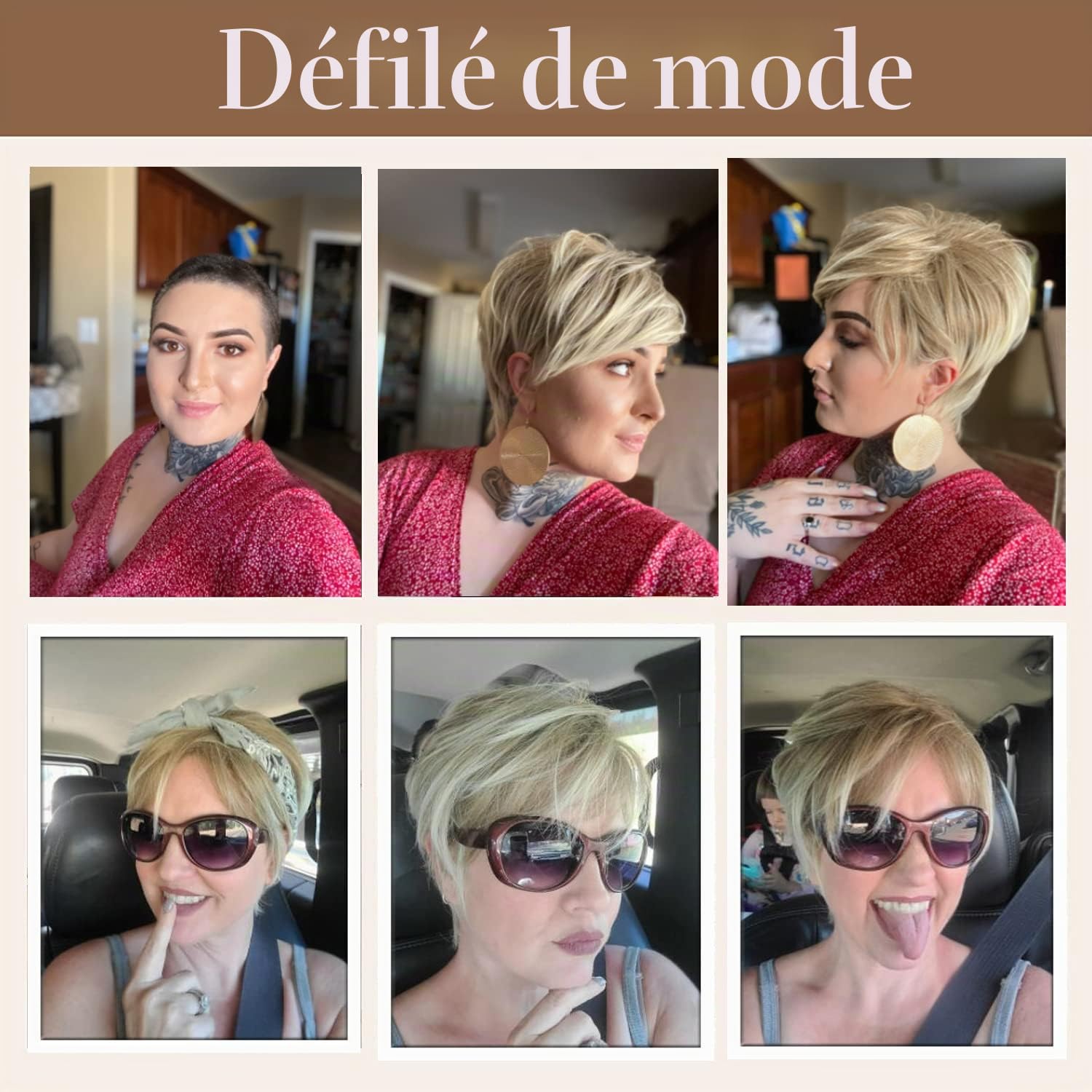Creamily Perruques blondes courtes pour femme, coupe Pixie avec frange, cheveux synthétiques naturels lisses, perruque courte pour femme, perruque quotidienne, cosplay, fête, blond mélangé marron