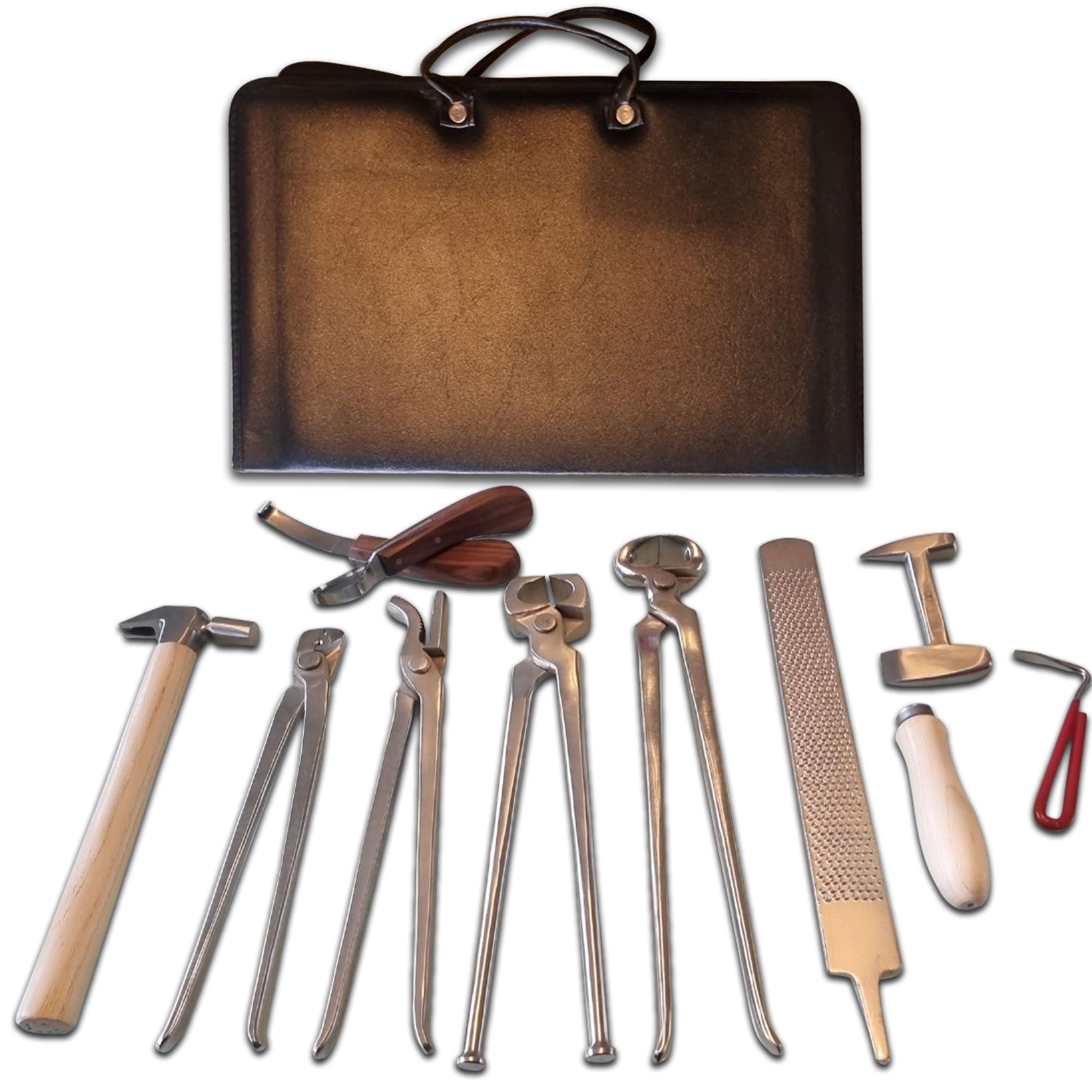 Horse Farrier Hoof Trimming Tool Kit - Professional Horses Hoof Care Tools - Grooming Kit with Horseshoe Rasp Clincher Hammer Nipper Cutter Buffer Hoof Care - Suitable for Horses, Goats