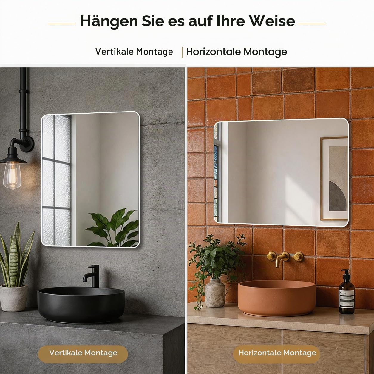 Weißer Rahmenspiegel 40 x 60 cm, großer Badezimmer-Wandspiegel, rechteckiger Badezimmer-Wandspiegel, hängend horizontal/vertikal