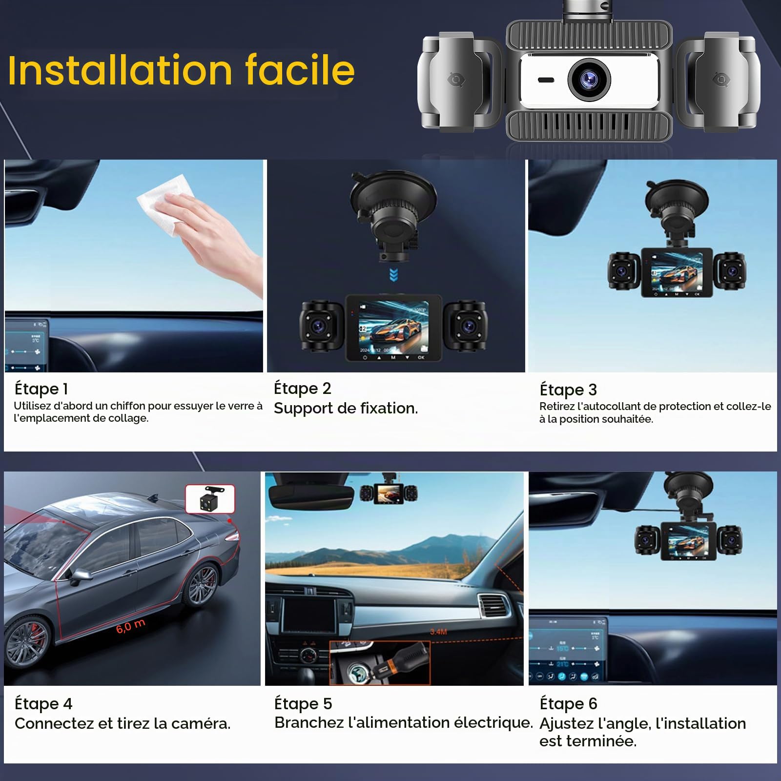 Hikity 2.4" 1080P WiFi Dashcam 4 Dashcam avec DVR G-Capteur Carte TF 64G