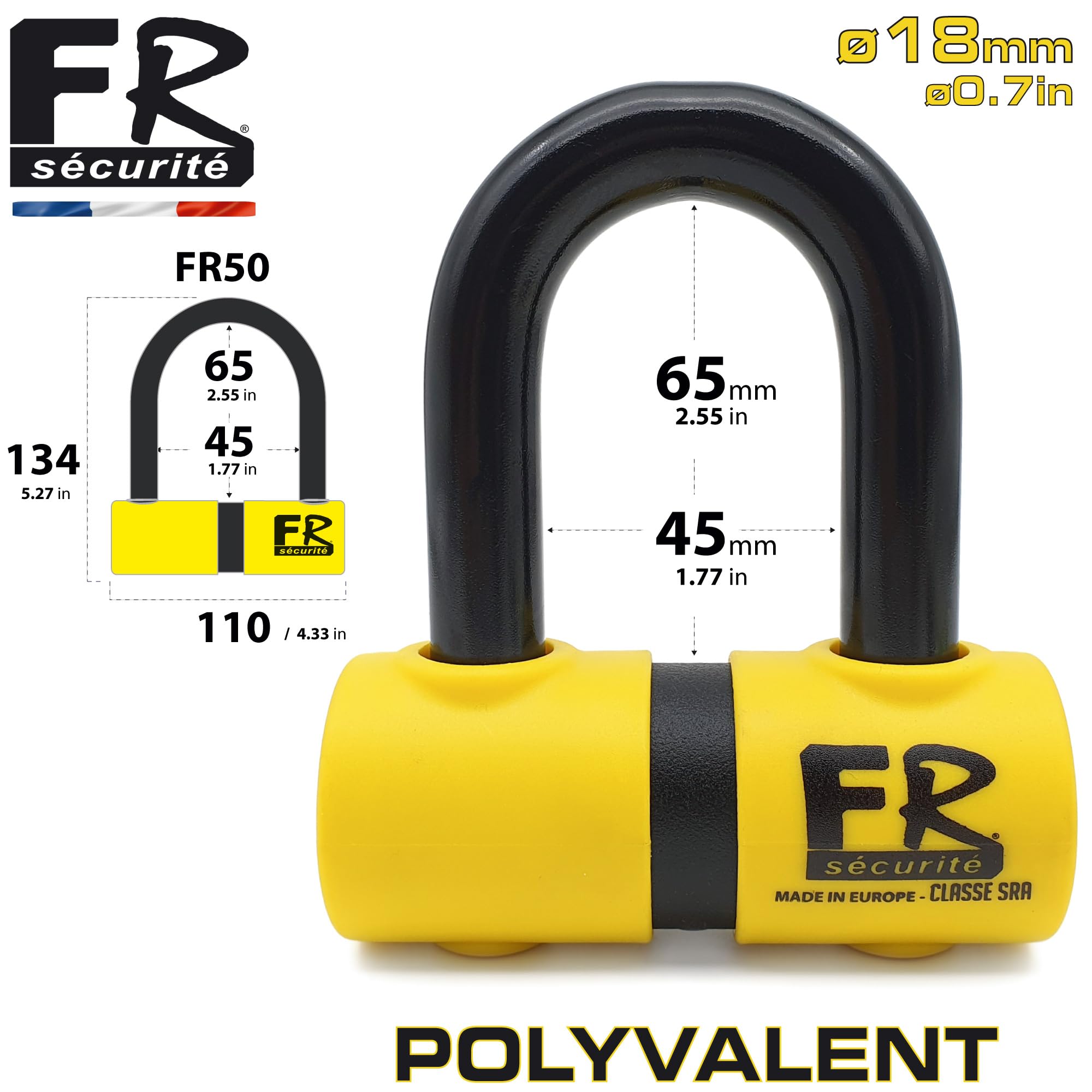 FR SECURITE FR50 Antivol Moto Homologué SRA, Bloque Disque Mini U ø18mm en Acier Cémenté, Testé contre Sciage Coupe-Boulons, Bloc Disque Double Verrouillage, Serrure Haute Sécurité Anti-Crochetage