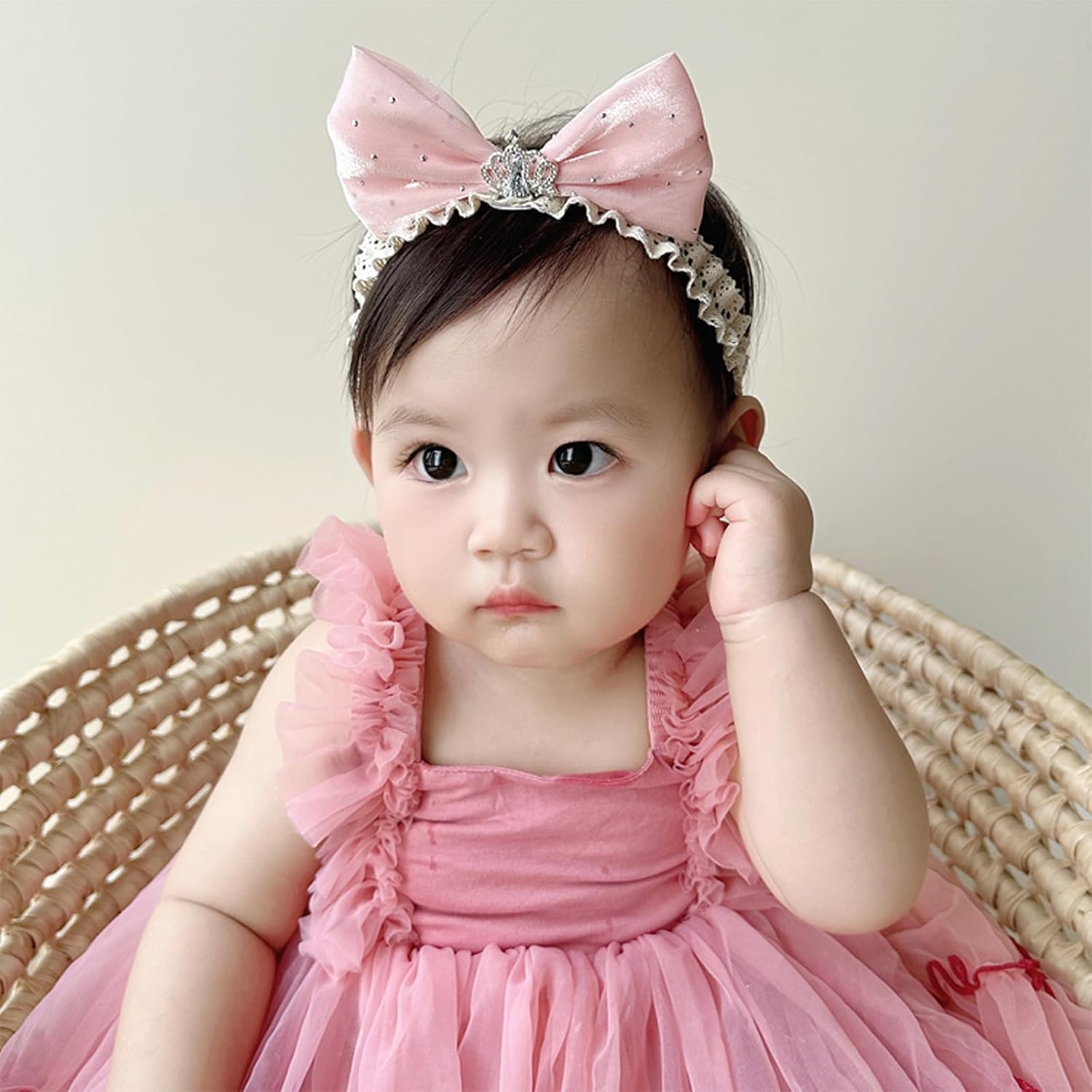 Lace Crown Hair Bow for Baby Girls Soft Tulle Elastic Headband Baby Shower Birthday Party Crown Hair Accessories for Newborn Infant Toddlers (Pink A, Adjustable) - Image 7