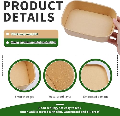 Miniatura 3 de Paquete de 25 cuencos de papel de 19 onzas, recipientes desechables con tapas, cuencos rectangulares desechables con tapas, cuencos desechables con