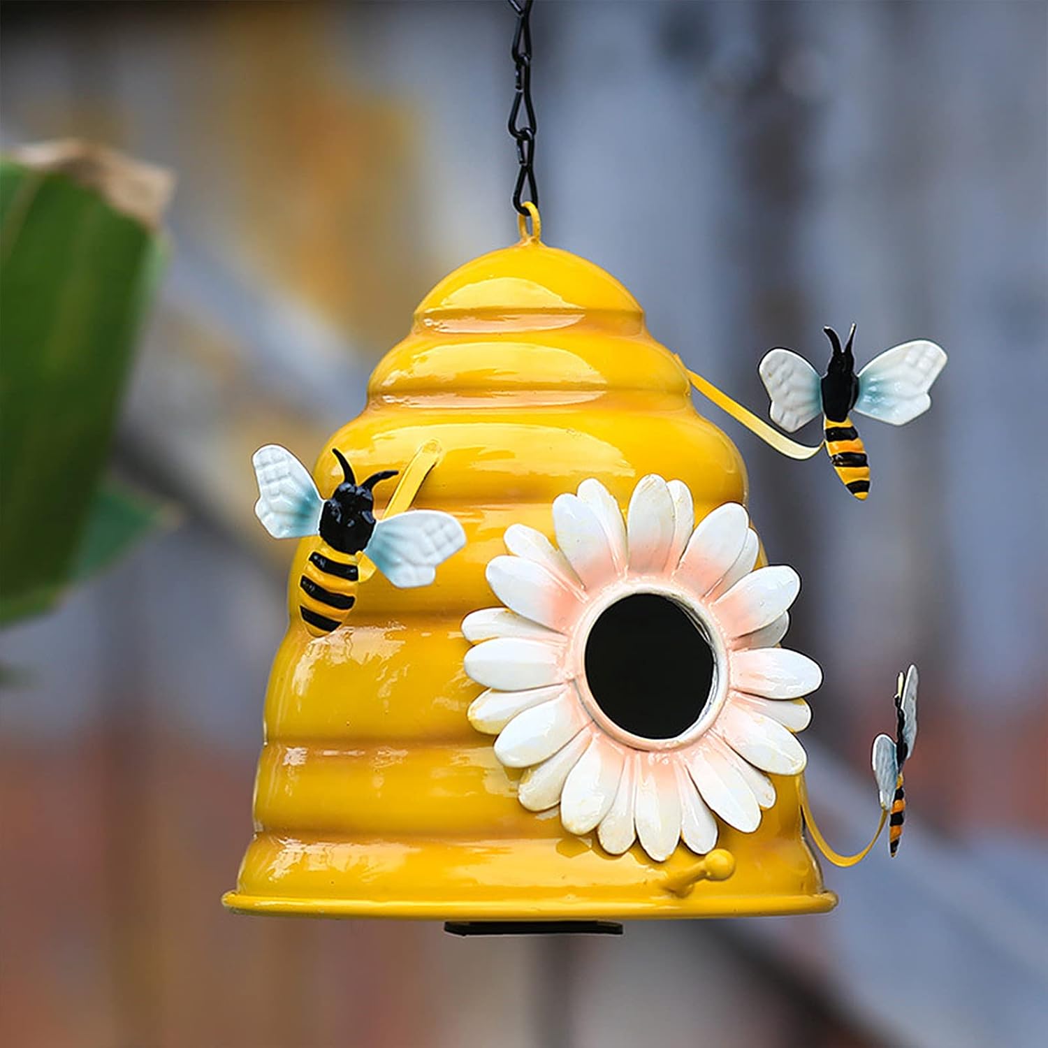 HANTURE Beehive Bird Houses for Outside 6.5Inch Iron Decorative Hanging Birdhouses with Bee Ornaments Outdoor Weatherproof Bird Nest Houses for Wild Birds Small Bird Finch Cardinal Yellow