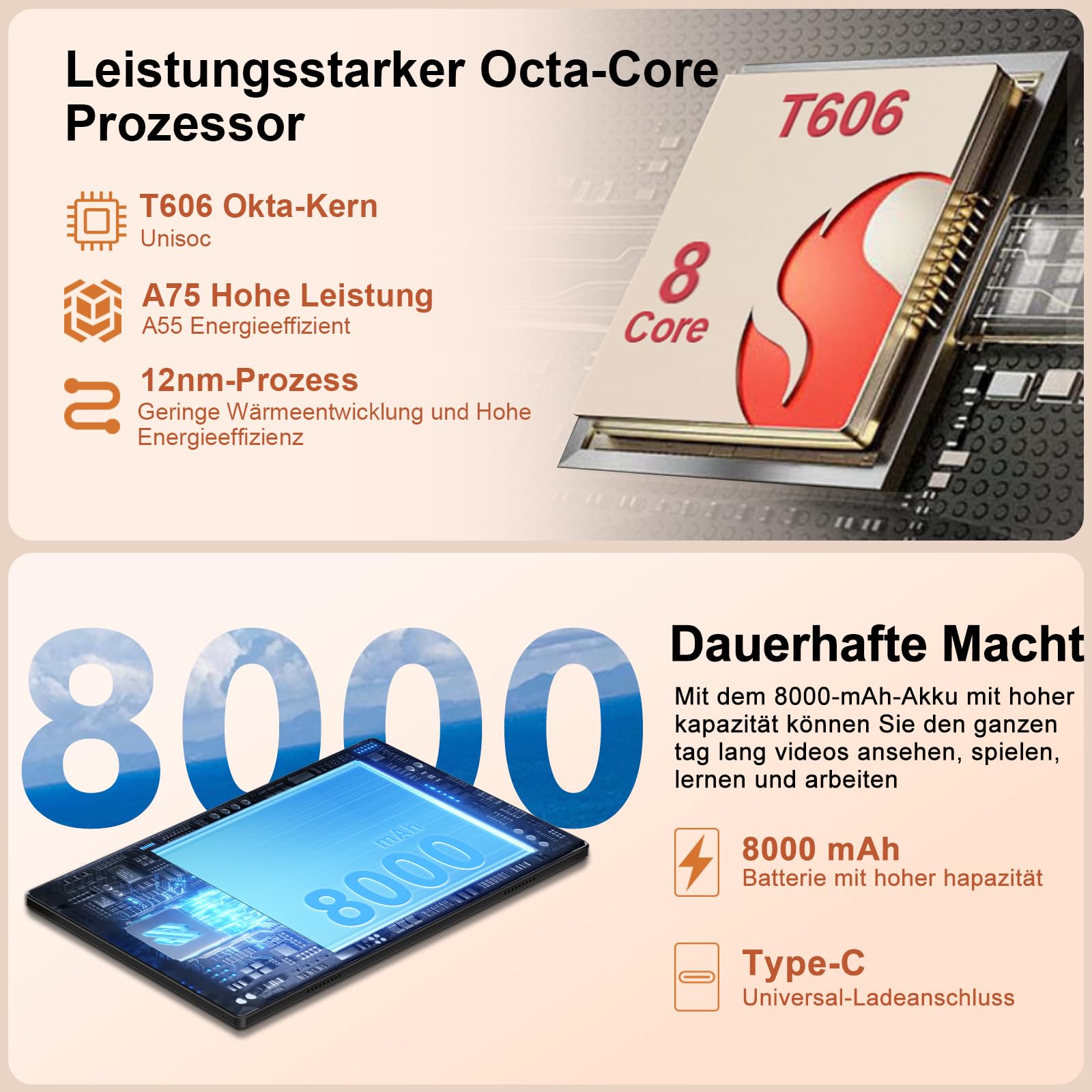 2026 Tablet 10 Zoll Android, 128GB ROM/TF 2TB, Octa-Core Prozessor, 8000mAh, BT5.0, 8MP+5MP, WiFi 5G+2.4G, Face ID, Widevine L1, Augenschutz, Tablet mit Tastatur & Maus Metallkörper-Schwarz