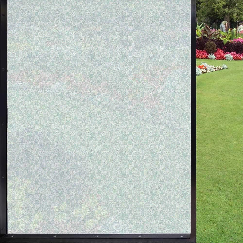 Vintage Frosted Window Film Privacy Film,Lace Pattern Backdrop with Floral Composition Victorian Inspirations Wedding Glass Decor for Bathroom Kitchen Room Office,Seafoam White 24" x 36"