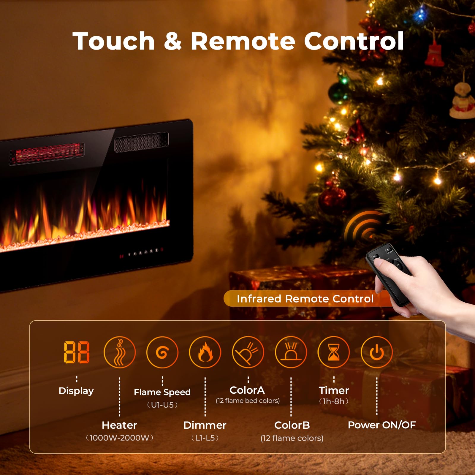 R.W.FLAME 50 pollici/127 cm, camino elettrico da incasso e da parete con fiamma realistica e regolabile, 750/1500 W, riscaldamento ultra piatto con telecomando, camino lineare per soggiorno