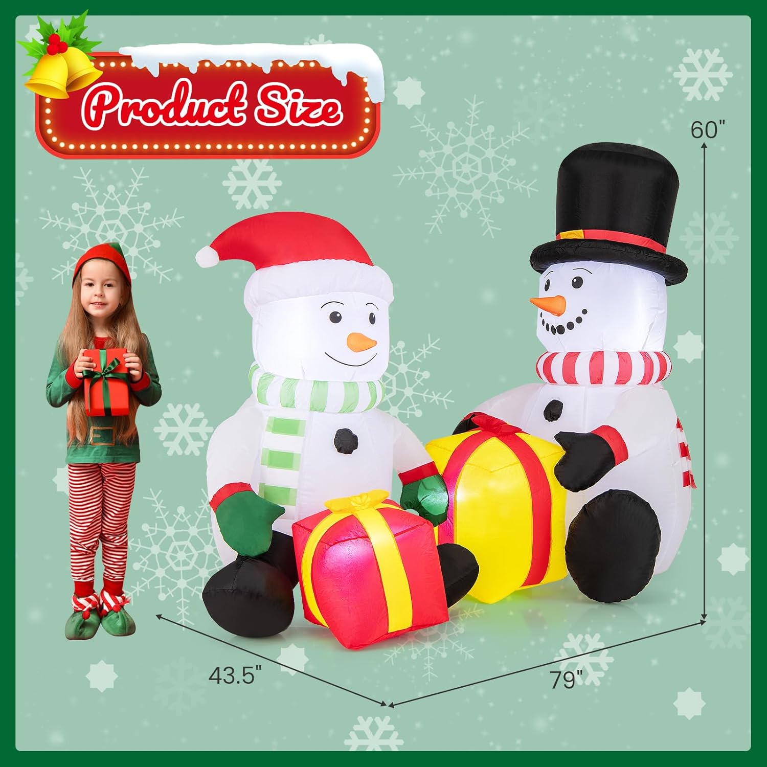 Goplus 5FT Christmas Inflatables, LED Lighted Xmas Double Inflatable Snowmen Holding Gift Boxes, Outdoor Indoor Cute Blow Up Christmas Decoration with Water Bags, Ground Stakes, for Party Yard Lawn