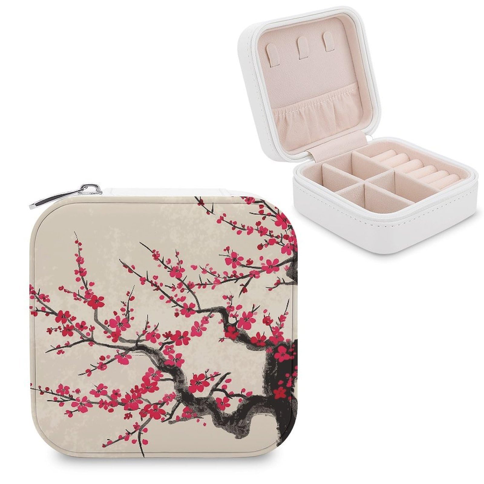 VstaDank Japanese Floral Cherry Blossom Travel Jewelry Case Zipper Portable Small Jewelry Box Custom Pu Leather Mini Traveling Jewelry Organizer for Rings Earrings Necklace Bracelet Girls Women