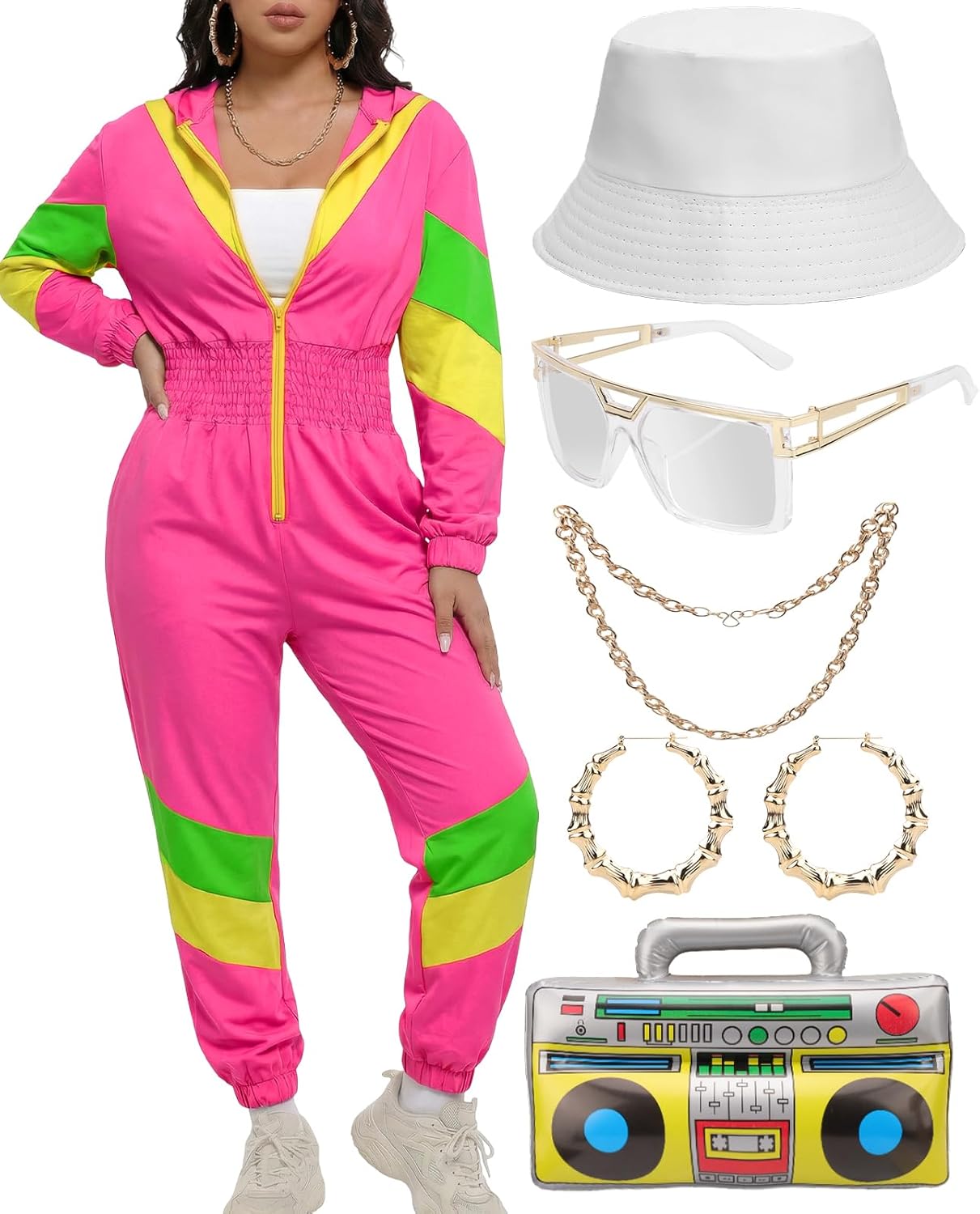 VillbeCoser Hoodies Jumpsuit 80s 90s Outfits for Women Tracksuit Costume One Piece Windbreaker Hip Hop Neon Party