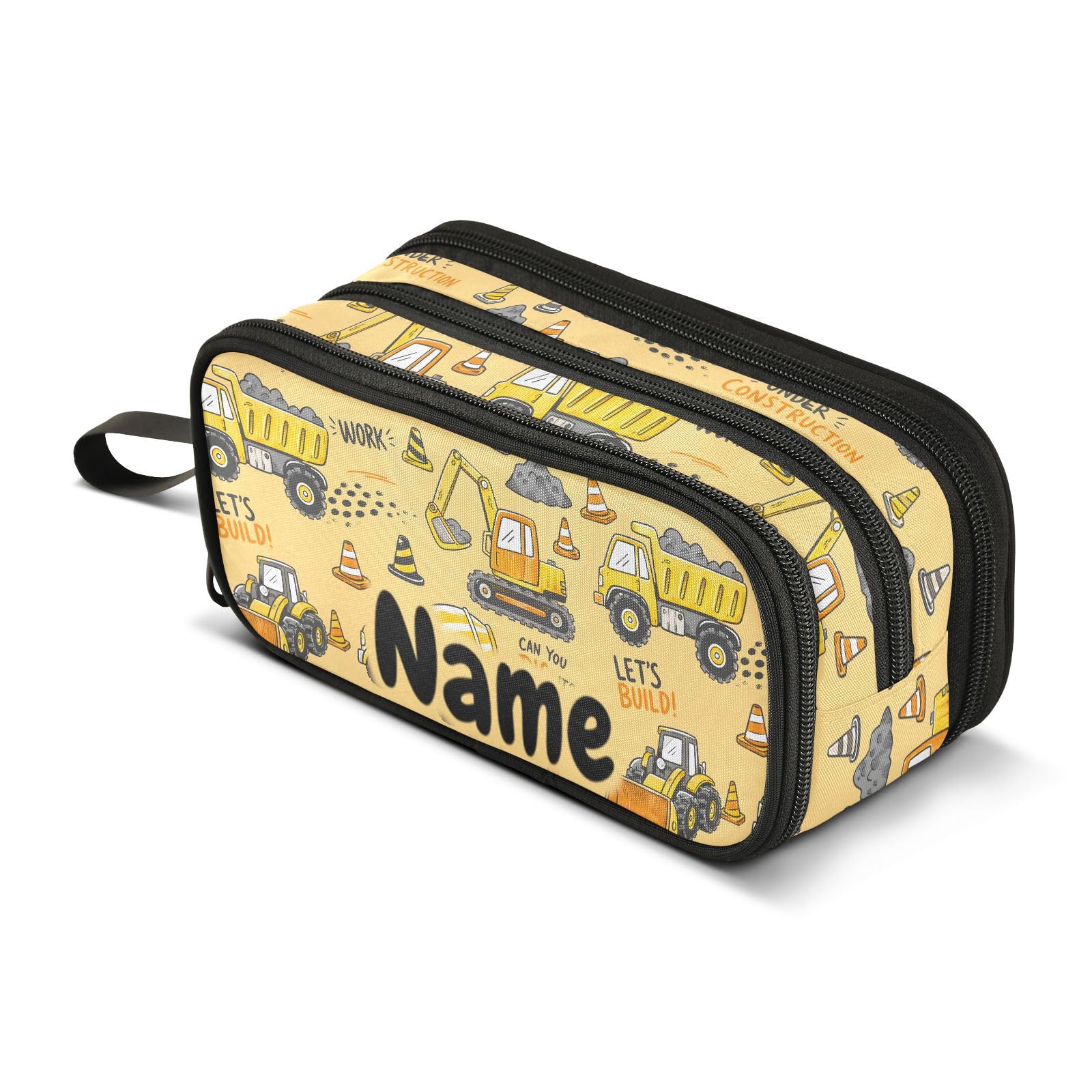 Mnsruu Custom Name Yellow Engineering Vehicle Truck Pencil Case Boys Girls Personalized Pen Bag School Office Stationery Organizer Pencil Pouch Kids Teens Adults
