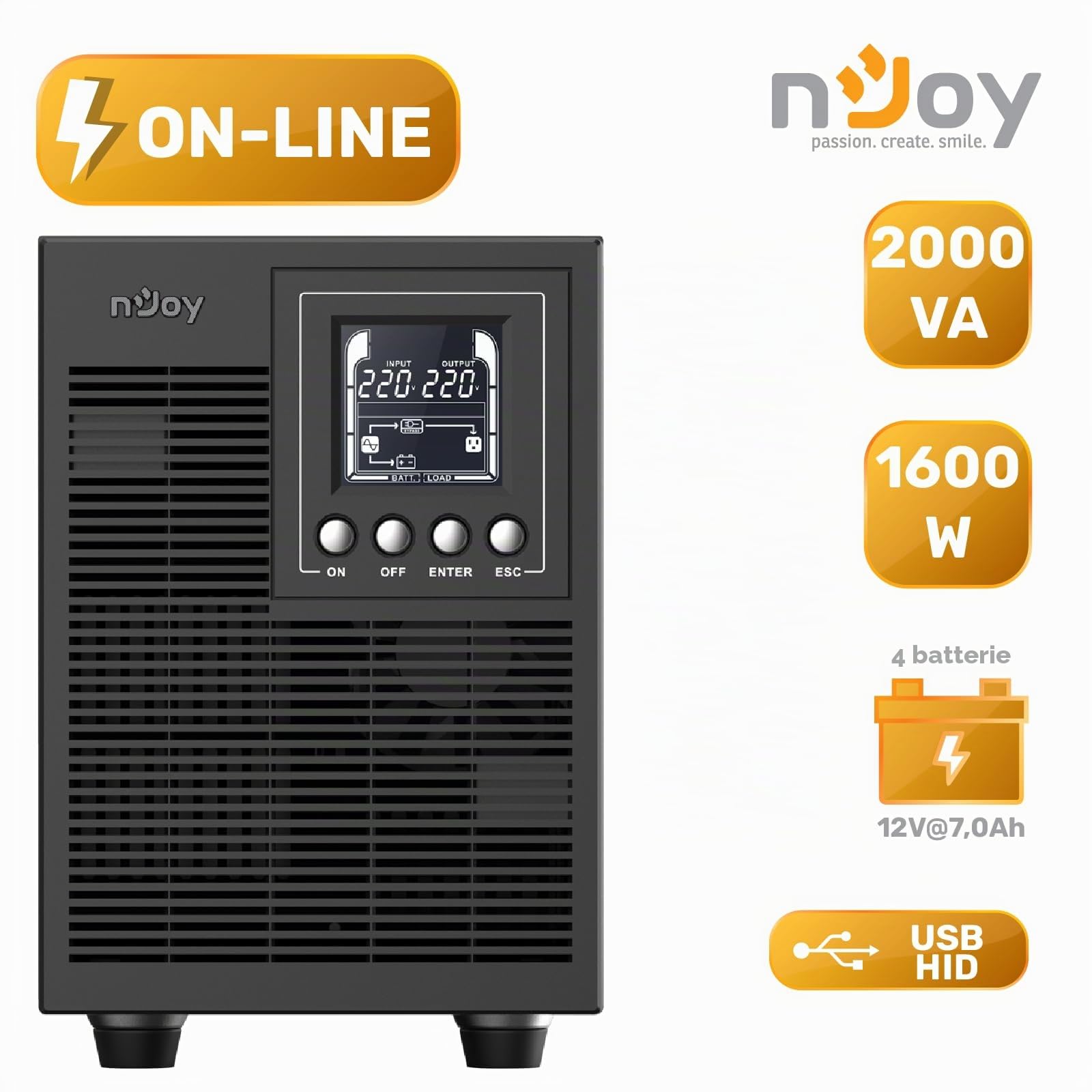 NJOY Echo Pro 2000 Gruppo di Continuità 2000VA 1600 Watt, Doppia Conversione On-Line Onda Sinusoidale Pura, 4 Uscite Schuko, USB, RS232, EPO, Slot SNMP, 4 Batterie 12V-7Ah - Garanzia 3 Anni