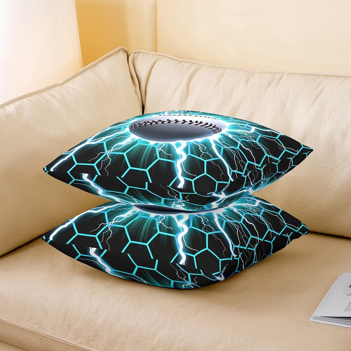 Manfei Ball Game Sports Double Sides Print Pillow Cover,Baseball Throw Pillow Case Cover for Couch Chair,Neon Honeycomb 20"x 20" Cushion Cover Room Decor,Pack of 4 image 3