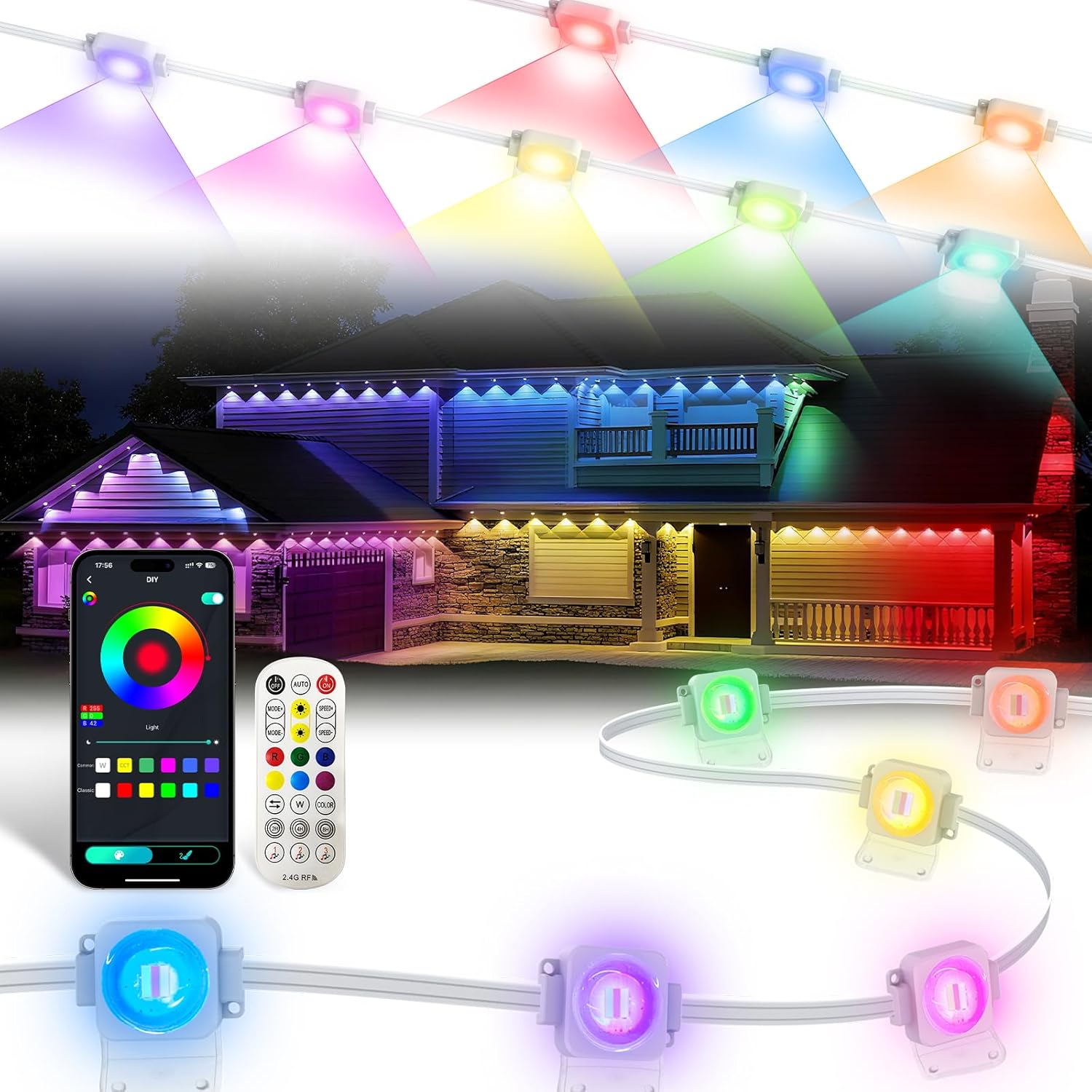Permanent Outdoor Lights for House,200FT RGB IC Smart Permanent Eave Lighting with App/Remote Control,IP67 Waterproof,Music Sync,DIY Color Scenes,Year-Round Eaves Lighting for House Roof Decor White 200ft