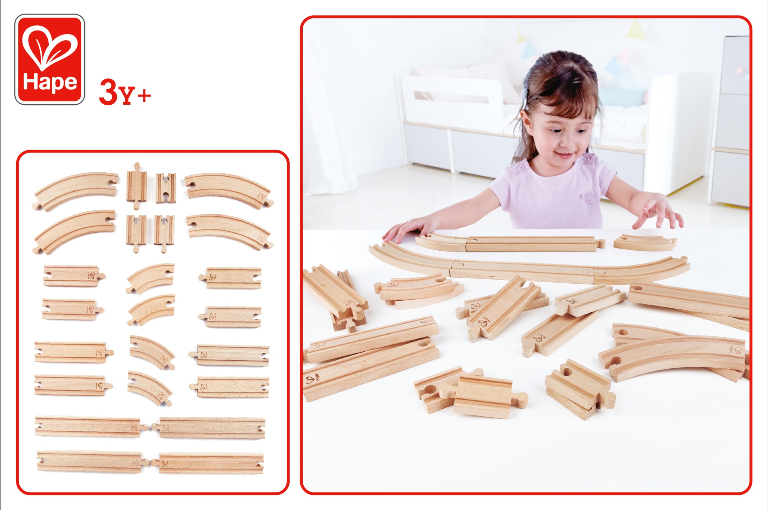 Hape Eisenbahn Set XXL, Zug Starter Set mit großem Schienen Ausbau, Zubehör & Lok Erweiterung, Holzeisenbahn Komplettset ab 3 Jahren