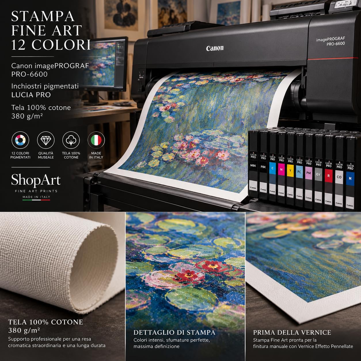 ShopArt – Cuadro efecto pinceladas – Claude Monet La Cuenca de los Nenúfares – Impresión Fine Art sobre lienzo de alta definición listo para colgar (50 x 100 cm)