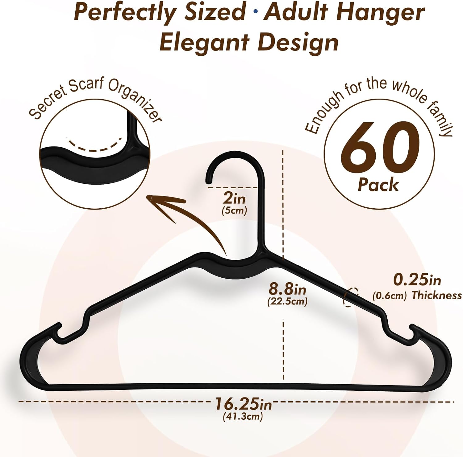 HOUSE DAY Black Plastic Hangers 60 Pack, Lightweight Clothes Hangers with Non-Slip Shoulder Grooves - Space-Saving, Durable & Reinforced Edges Coat Hanger for Closet Organization (Made in USA)