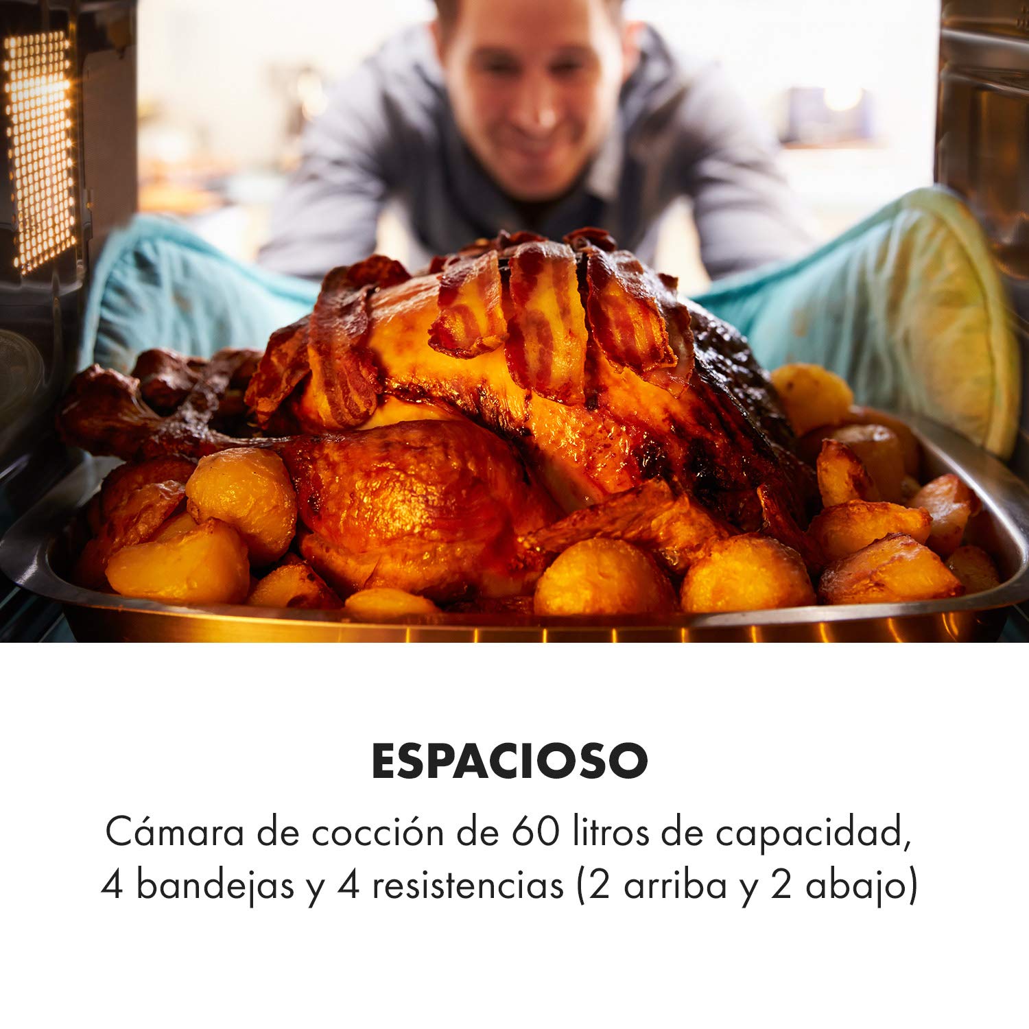 KLARSTEIN Masterchef 60 Mini Horno Electrico de sobremesa 60L, 2000W, 100-230°C, asador giratorio, función de circulación de aire, temporizador, puerta doble cristal, acero inoxidable, Negro