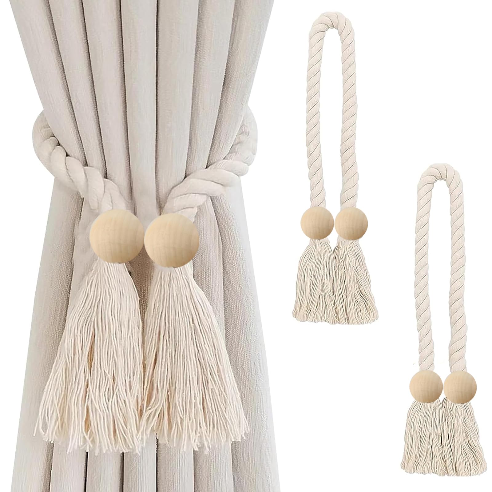 2 Pack Wooden Ball Magnetic Curtain Tie Backs, Modern Minimalist Style 22.83" Long Curtains Holdbacks with Strong Magnet, Suitable for Thin or Thick Home Office Window Drapery (spherical)
