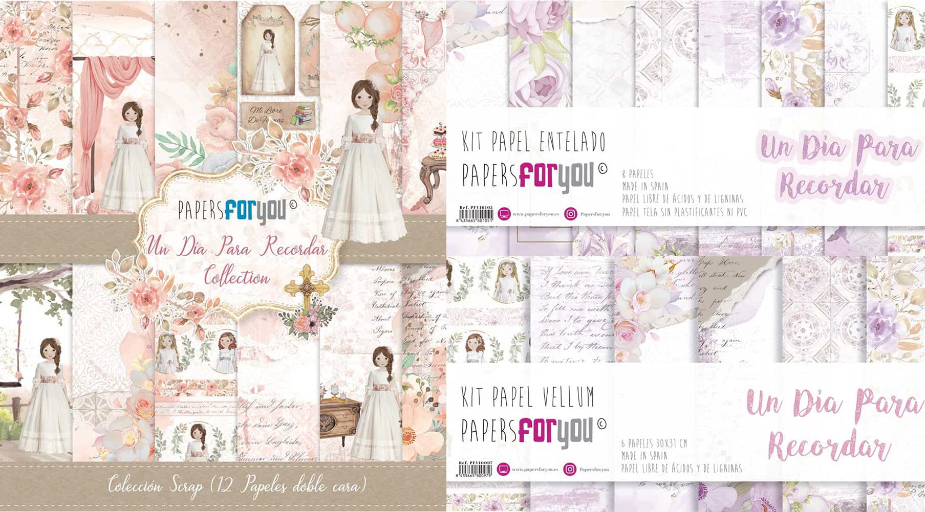 PAPERSFORYOU Kit 3 Colecciones 12"x12" Un dia para recordar niña morena (Scrap/Entelado/Vellum)
