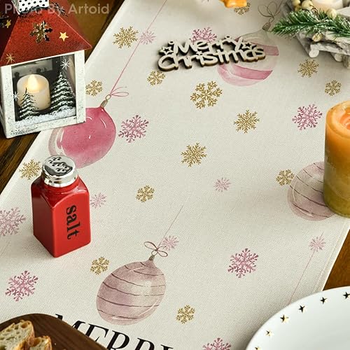 Miniatura 3 de Artoid Mode Camino de mesa de Navidad con diseño de bolas de Papá Noel rosa, copos de nieve, decoración de mesa de comedor para el hogar, decoración